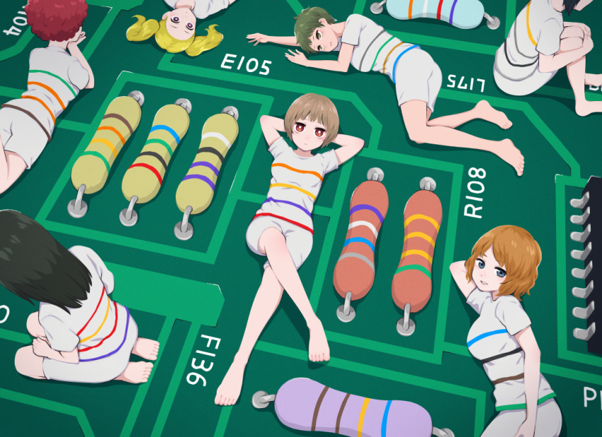 6+girls, afro, arms_behind_head, barefoot, black_hair, blonde_hair, blue_eyes, blunt_bangs