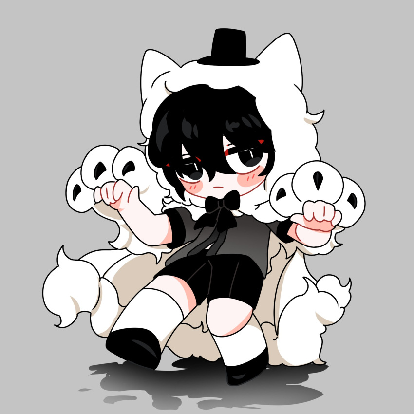 1boy, black_eyes, black_footwear, black_hair, black_shirt, black_shorts, blush_stickers, claws