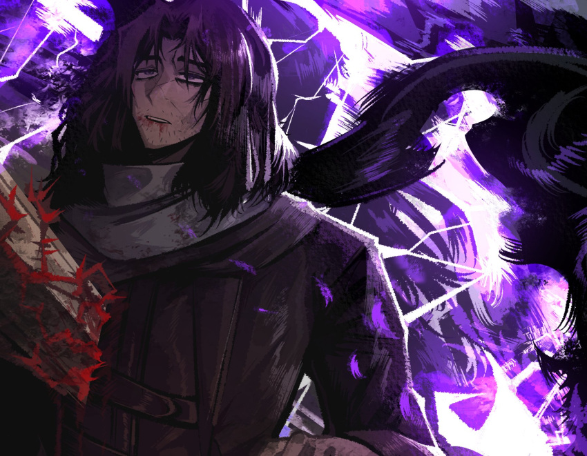 1boy, barbed_wire, beard_stubble, blood, blood_from_mouth, brown_coat, brown_hair, coat, erlking_heathcliff_(project_moon), facial_hair, heathcliff_(project_moon), highres, impaled, lightning, limbus_company, looperioo, medium_hair, project_moon, scar, scar_on_face, scarf, solo, stubble, sword, violet_eyes, weapon