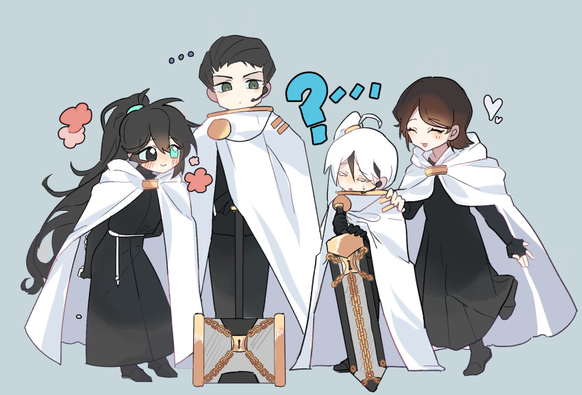 1girl, 3boys, ?, black_eyes, black_footwear, black_gloves, black_hair, black_robe