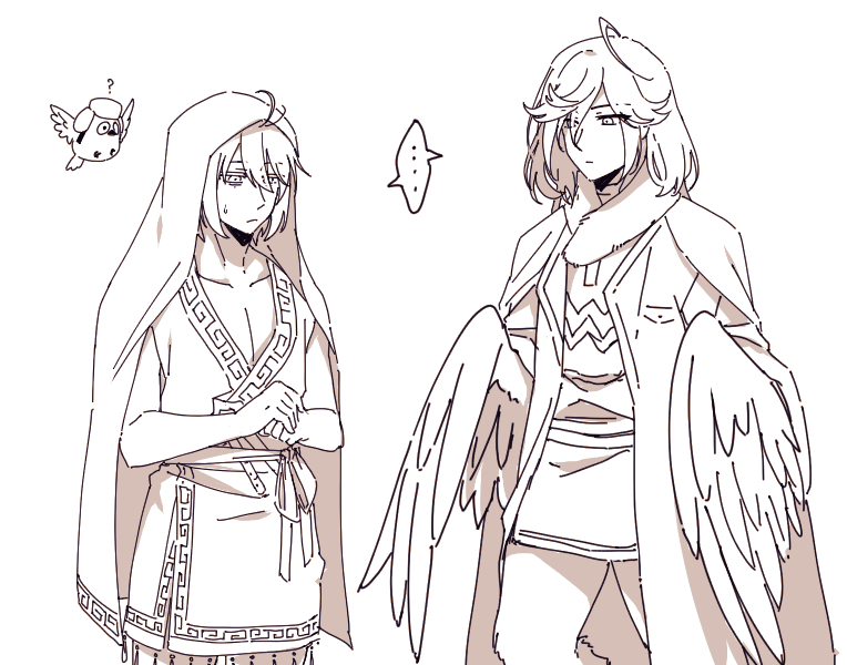 ..., 2boys, animal, animal_feet, bird, bird_wings, chinese_clothes, closed_mouth