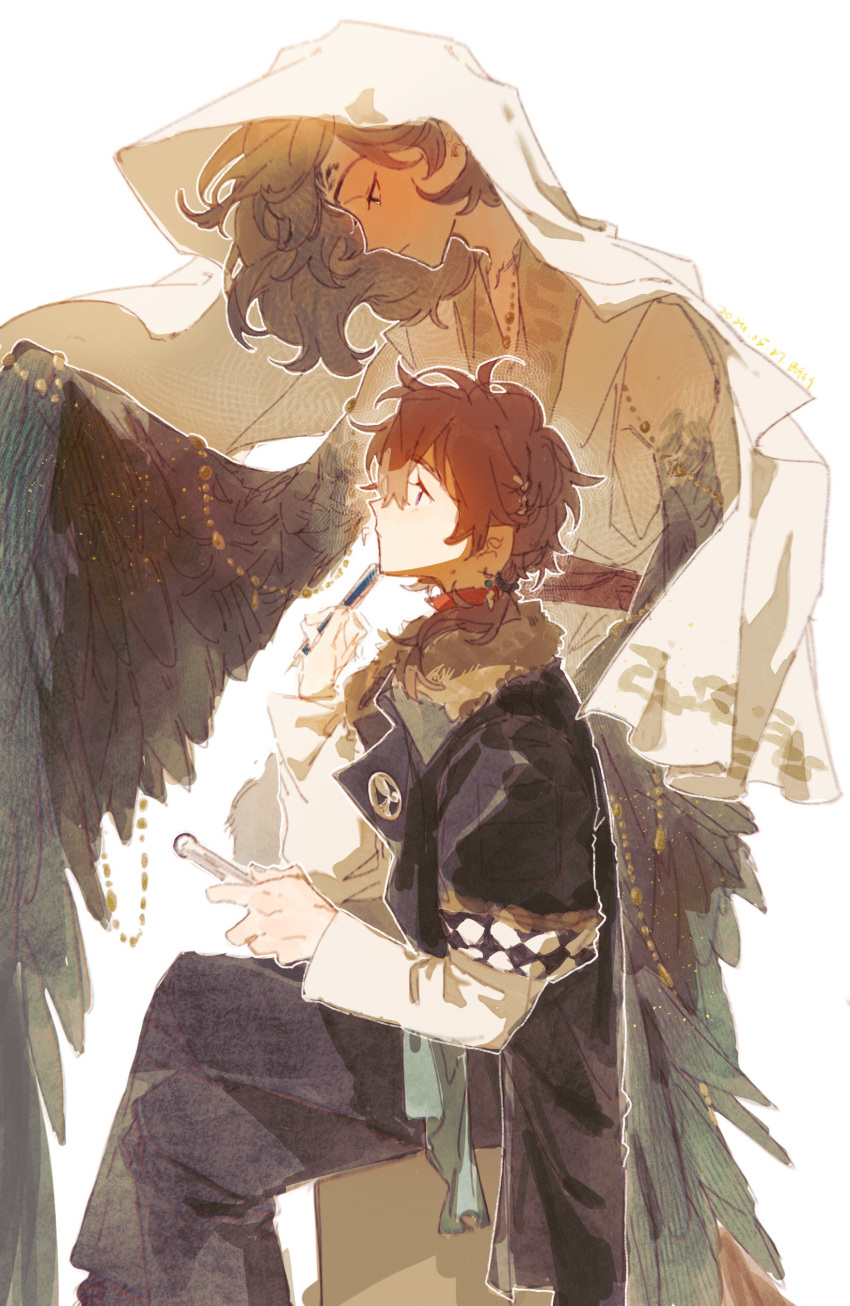 2boys, a_xing, absurdres, bird_wings, black_coat, black_pants, brown_feathers, brown_hair, brown_wings, coat, crossed_legs, feathers, feet_out_of_frame, from_side, getian_(reverse:1999), harpy_boy, head_scarf, highres, holding, holding_notepad, holding_pen, long_sleeves, looking_at_another, looking_down, male_focus, monster_boy, multiple_boys, name_day_(reverse:1999), notepad, pants, pen, pen_to_chin, reverse:1999, shirt, short_hair, sitting, sleeveless, sleeveless_shirt, white_background, white_shirt, winged_arms, wings
