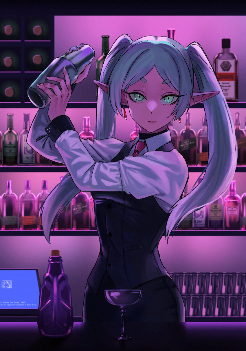 1girl, alcohol, alternate_costume, bottle, cosplay, earrings, elf, frieren