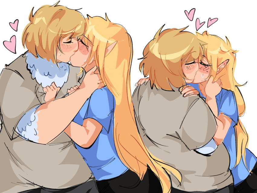 black_pants, blonde_hair, blue_shirt, dungeon_meshi, elf, falin_touden, falin_touden_(tallman), feathers, grey_shirt, heart, highres, kiss, long_hair, m0nacrose, marcille_donato, pants, plump, pointy_ears, shirt, short_hair, simple_background, white_background, yuri