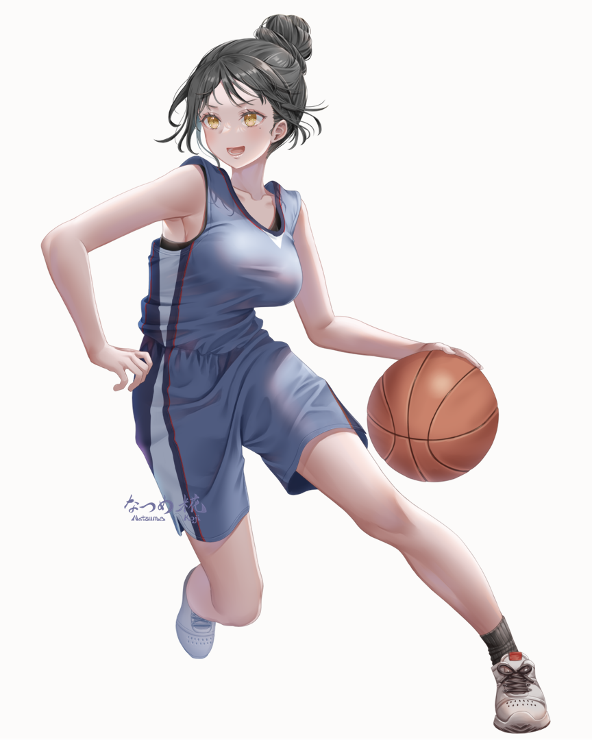 1girl, ball, basketball, basketball_(object), black_hair, breasts, dribbling_(basketball), hair_bun