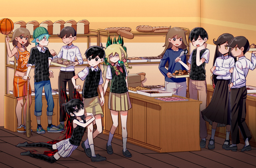 4boys, 6+girls, aubrey_(faraway)_(omori), aubrey_(omori), baseball_bat, basil_(faraway)_(omori), basil_(omori), black_eyes