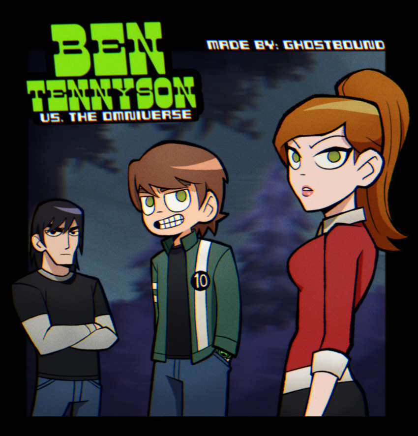 1girl, 2boys, ben_10, ben_10:_ultimate_alien, ben_tennyson, black_hair, black_shirt, black_skirt