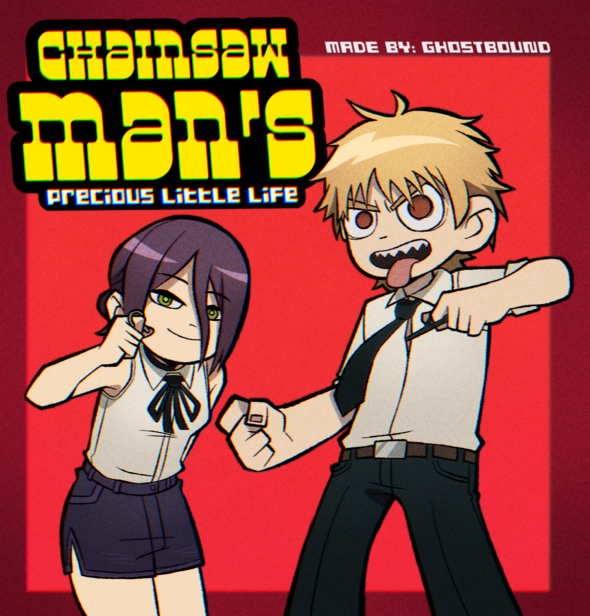 1boy, 1girl, bare_arms, bare_shoulders, black_choker, black_pants, black_ribbon, blonde_hair, brown_eyes, bryan_lee_o'malley_(style), chainsaw_man, choker, clip_studio_paint_(medium), collared_shirt, denji_(chainsaw_man), ghostbound, green_eyes, highres, necktie, pants, parody, purple_hair, reze_(chainsaw_man), ribbon, scott_pilgrim_(series), scott_pilgrim_takes_off, sharp_teeth, shirt, short_shorts, shorts, sleeveless, sleeveless_shirt, style_parody, teeth