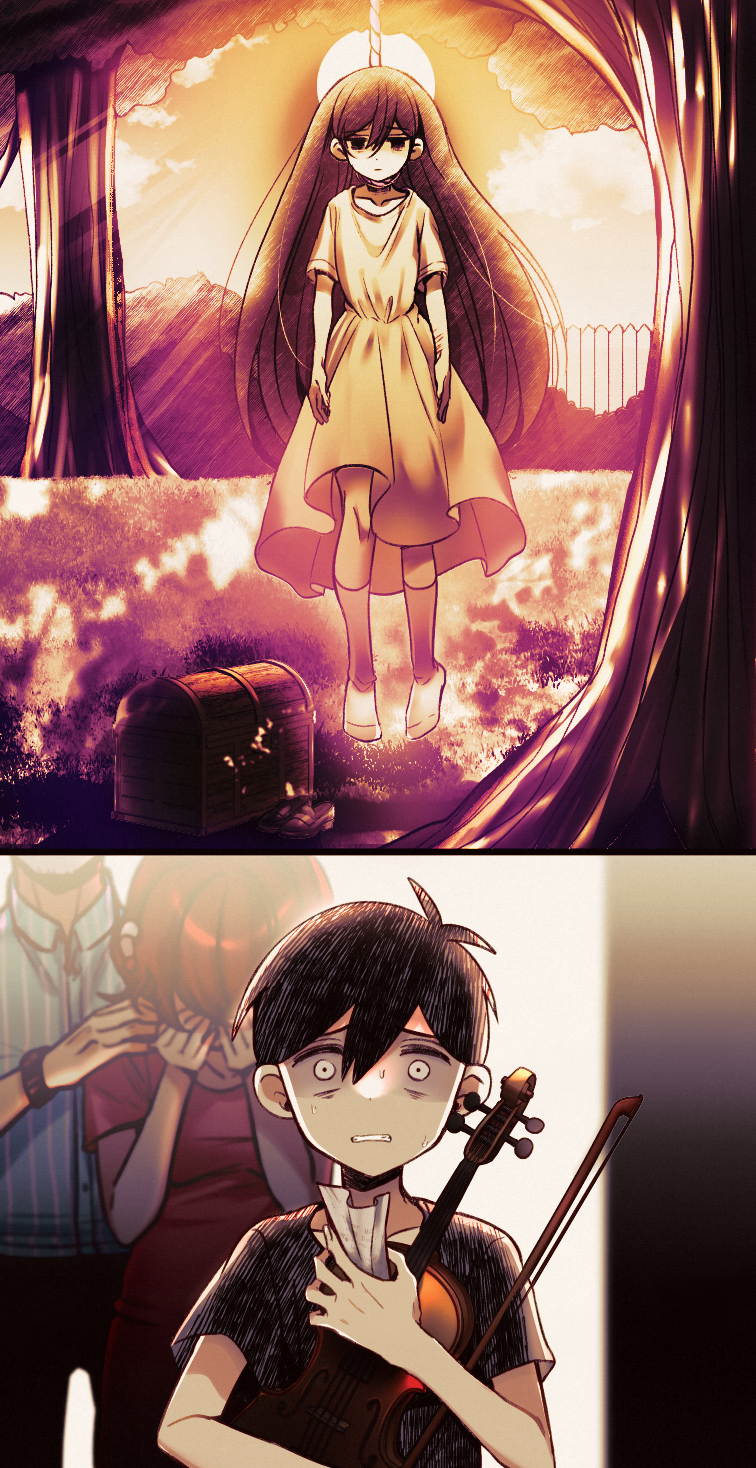 2boys, 2girls, black_shirt, bow_(music), clenched_teeth, collarbone, hanged, highres