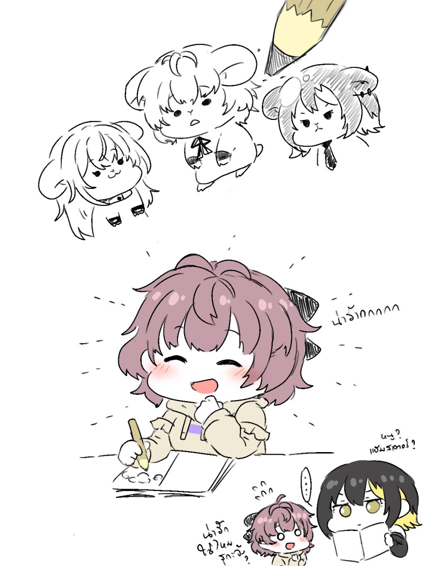 ..., 2girls, ^_^, artisansg_lily, blush, closed_eyes, cometik_(idolmaster), commentary_request, drawing_(action), drawing_(object), flying_sweatdrops, hamster, highres, holding, holding_pencil, hood, hoodie, idolmaster, idolmaster_shiny_colors, ikaruga_luca, ikuta_haruki, looking_at_another, looking_at_object, multiple_girls, o_o, pencil, pink_hair, simple_background, smile, spoken_ellipsis, suzuki_hana, translation_request, white_background, yellow_hoodie