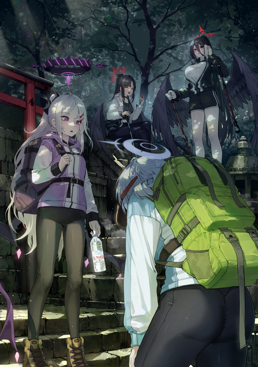 4girls, absurdres, ako_(blue_archive), aqua_jacket, backpack, bag, bent_over, black_choker