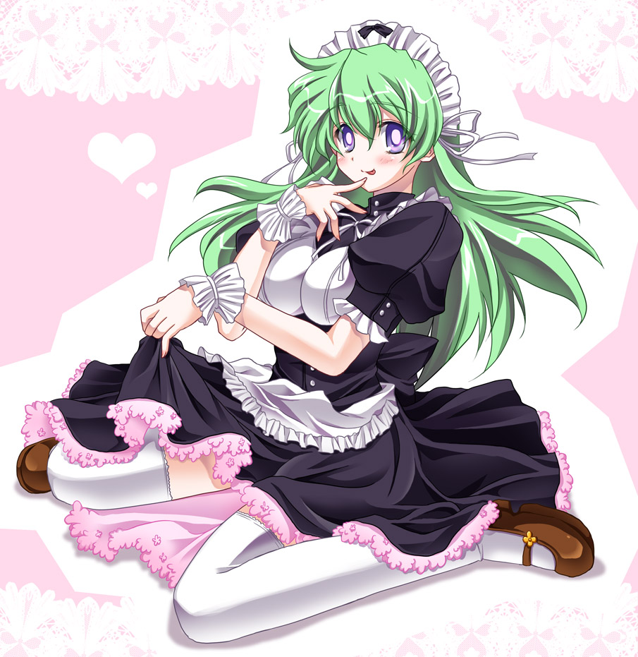 bikuto_ryuu, blush, breasts, green_hair, kobayakawa_chinu, large_breasts, long_hair, maid