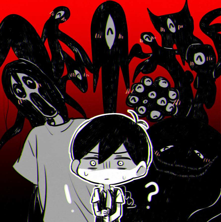 1boy, 1girl, ?, ^_^, black_hair, black_sweater_vest, blush, cindi_(omori), closed_eyes, closed_mouth, collared_shirt, commentary_request, dorothi_(omori), hellmari_(omori), holding, holding_knife, knife, lili_(omori), long_hair, merci_(omori), nanci_(omori), omori, salli_(omori), shirt, short_hair, short_sleeves, something_(omori), something_in_the_walls_(omori), sweat, sweater_vest, yutsu