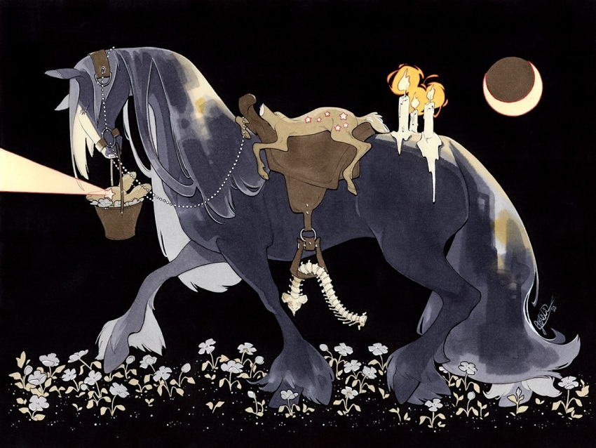 alternate_colored_grass, animal, animal_focus, black_background, bone, bridle, brown_fur, bucket