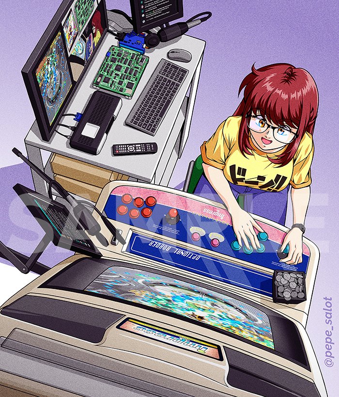 1girl, :d, arcade_cabinet, artist_name, blue_pants, box, breasts, broom