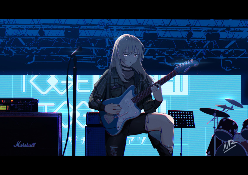 1girl, absurdres, amplifier, black_choker, black_pants, chinese_commentary, choker, closed_mouth