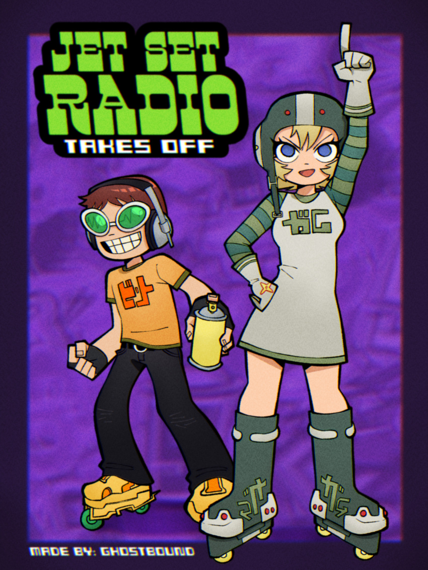 beat_(jsr), black_gloves, black_pants, blonde_hair, blue_eyes, bryan_lee_o'malley_(style), dress, fingerless_gloves, ghostbound, glasses, gloves, green_helmet, green_sleeves, gum_(jsr), headphones, helmet, highres, jet_set_radio, long_sleeves, pants, parody, redhead, roller_skates, scott_pilgrim_(series), scott_pilgrim_takes_off, shirt, short_hair, skates, spray_can, style_parody, sunglasses, white_dress, white_gloves, yellow_shirt