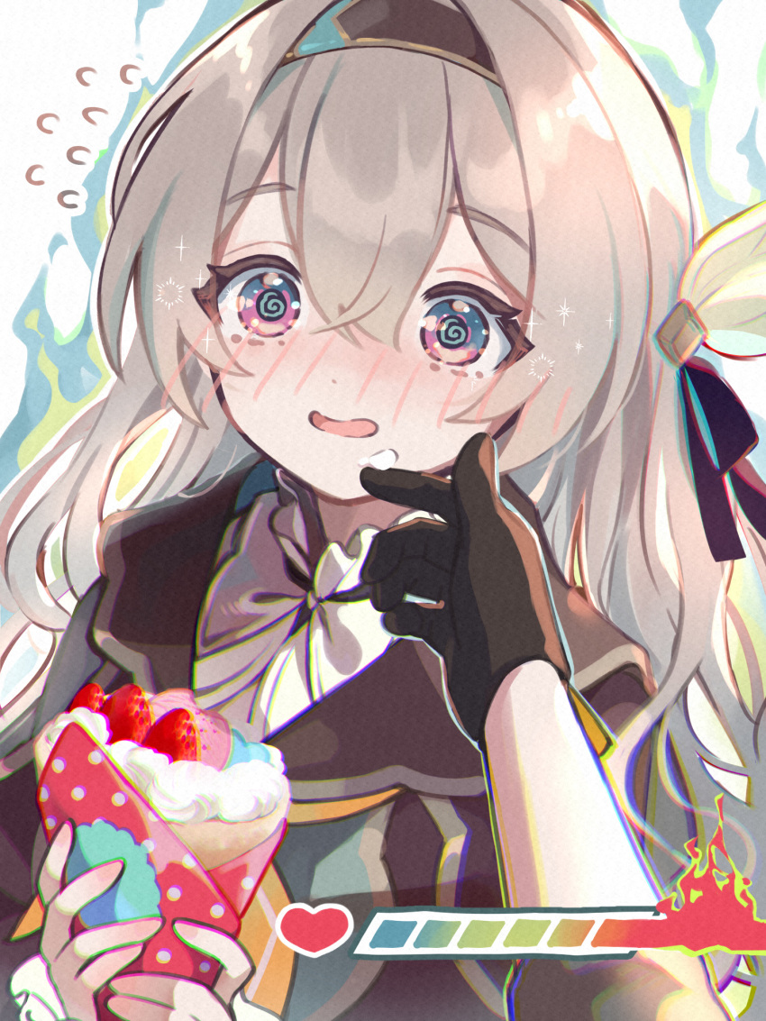 2girls, @_@, black_capelet, black_gloves, black_hairband, blush, capelet, chestnut_mouth