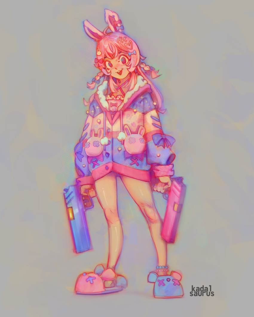 absurdres, animal_ears, dual_wielding, gun, hands_on_own_hips, highres, holding, holding_gun, holding_weapon, kaldalsaurus, loli, original, phase_connect, pipkin_pippa, pipkin_pippa_(1st_costume), rabbit, rabbit_ears, virtual_youtuber, weapon