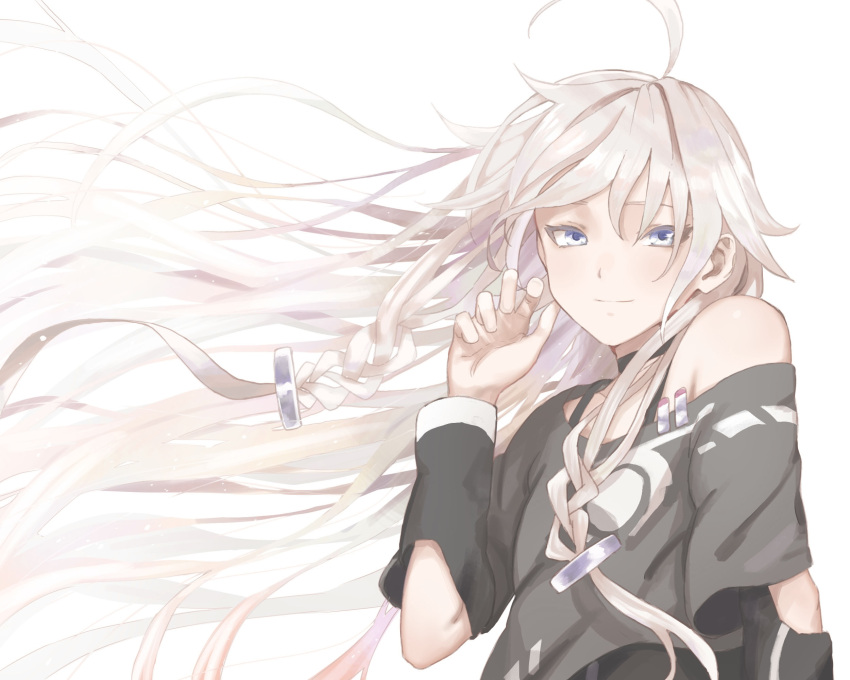 1girl, ahoge, arm_at_side, asymmetrical_sleeves, black_choker, black_shirt, blue_eyes, braid