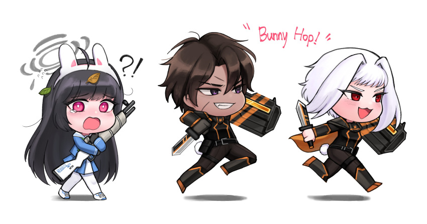 !?, 1boy, 2girls, :3, absurdres, animal_ears, belt, black_hair