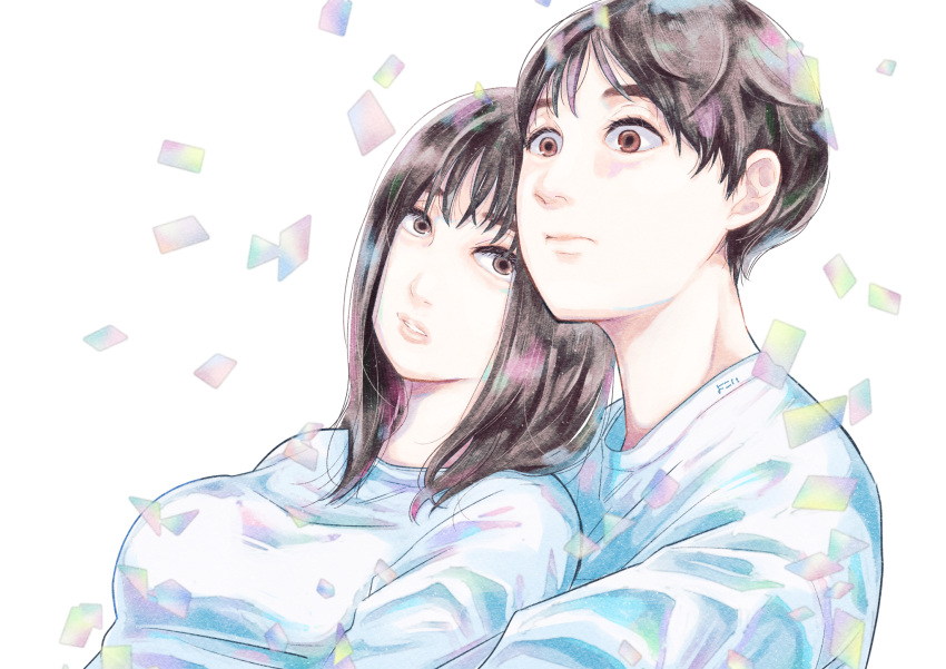 1boy, 1girl, black_hair, brown_eyes, closed_mouth, commentary_request, embarrassed, eyelashes, hetero, highres, long_sleeves, looking_at_viewer, original, parted_lips, shirt, shokoyokoi, short_hair, upper_body, white_background, white_shirt