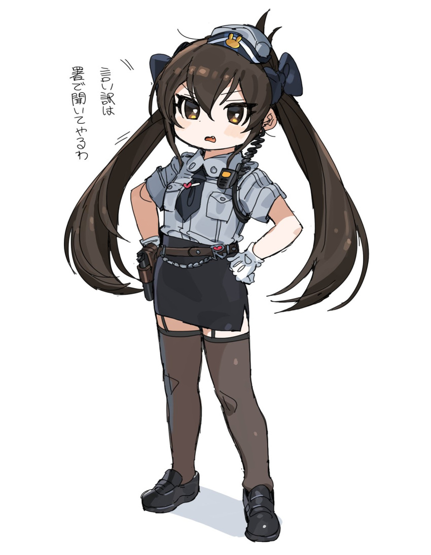 1girl, annoyed, black_bow, black_footwear, black_hair, black_necktie, black_skirt, black_socks
