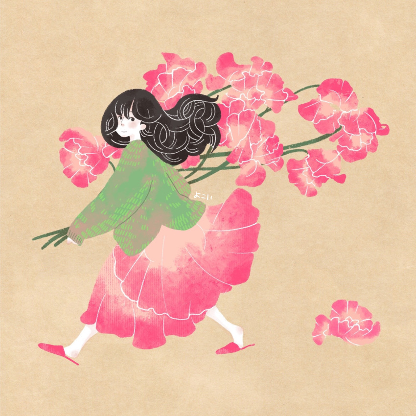 1girl, black_eyes, black_hair, blush, brown_background, flower, full_body, green_shirt