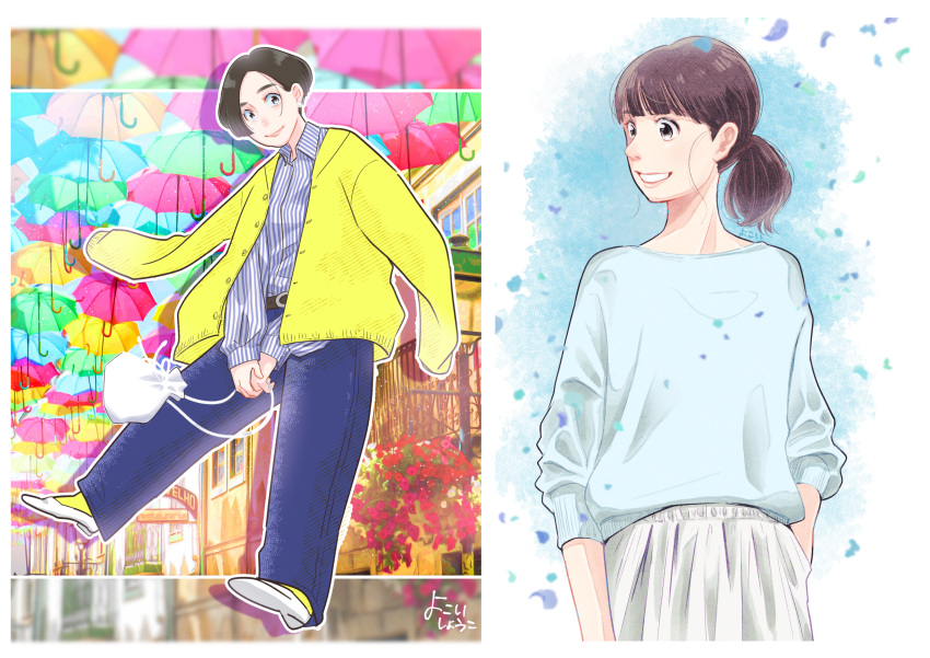 2girls, balcony, black_eyes, black_hair, blue_pants, blue_shirt, brown_hair, cardigan