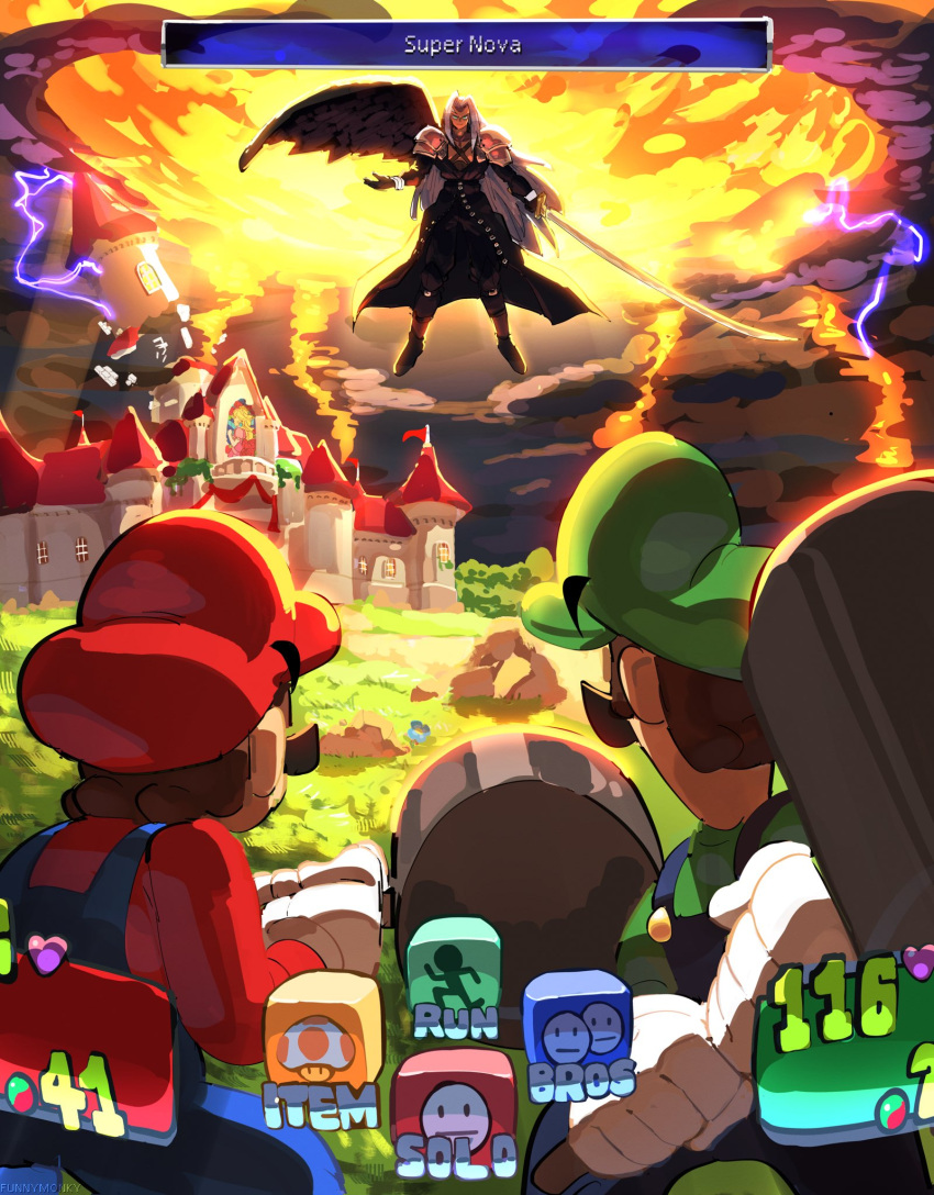 3boys, armor, black_gloves, black_wings, castle, clouds, cloudy_sky, crossover
