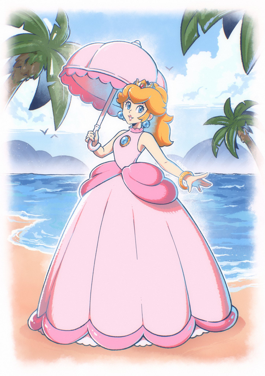 1girl, bare_shoulders, beach, blonde_hair, blue_eyes, brooch, crown, day
