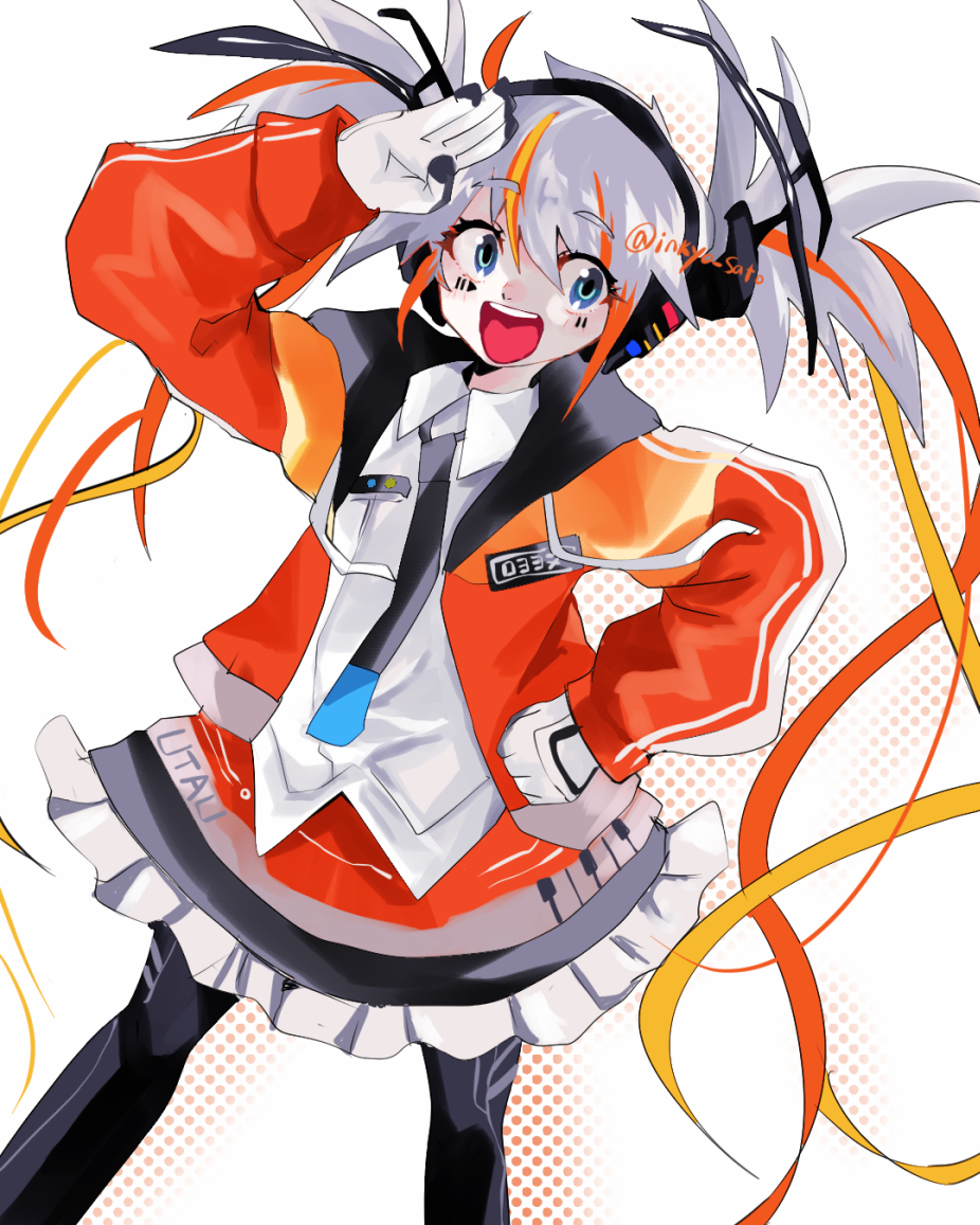 1girl, blonde_hair, blue_eyes, collared_shirt, denka_shaa, facial_mark, gloves, hand_on_own_hip