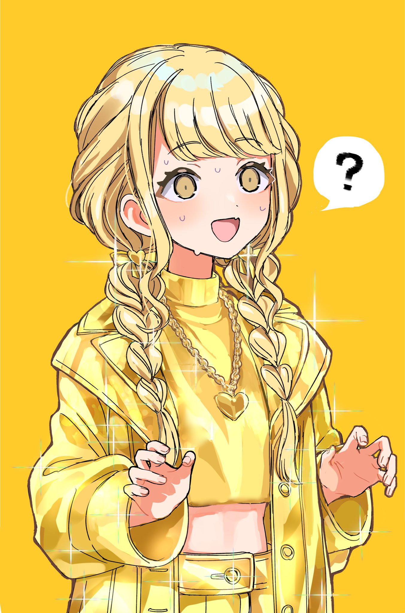 1girl, ?, blonde_hair, blush, braid, chain, chain_necklace, commentary