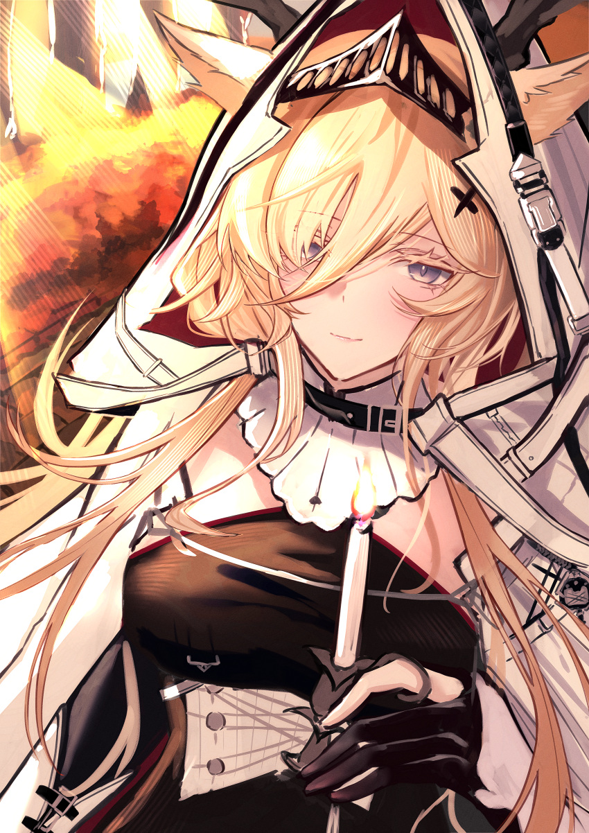 1girl, absurdres, animal_ears, antlers, arknights, black_dress, black_gloves, blonde_hair