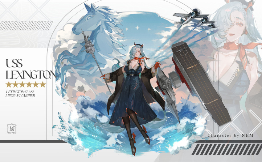 1girl, absurdres, aircraft, blue_hair, coat, dress, hair_ornament, highres, long_coat, long_dress, long_hair, long_sleeves, military_vehicle, necktie, nem, original, red_eyes, red_necktie, ship, smile, thigh-highs, warship, watercraft