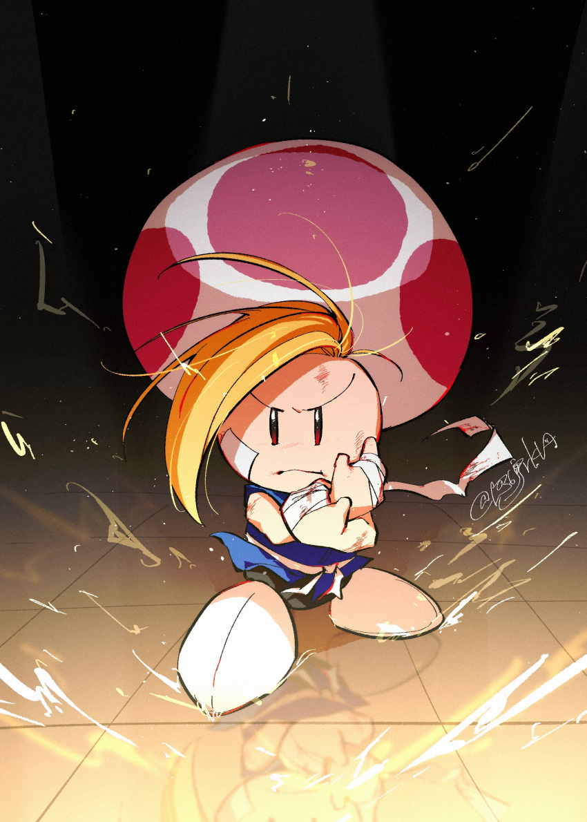 1boy, absurdres, bandaged_hand, bandages, blonde_hair, closed_mouth, dirty, dirty_face, dougi, hanaon, highres, looking_at_viewer, male_focus, paper_mario, paper_mario:_the_thousand_year_door, prince_mush, red_eyes, reflective_floor, solo, standing, super_mario_bros., twitter_username, white_footwear