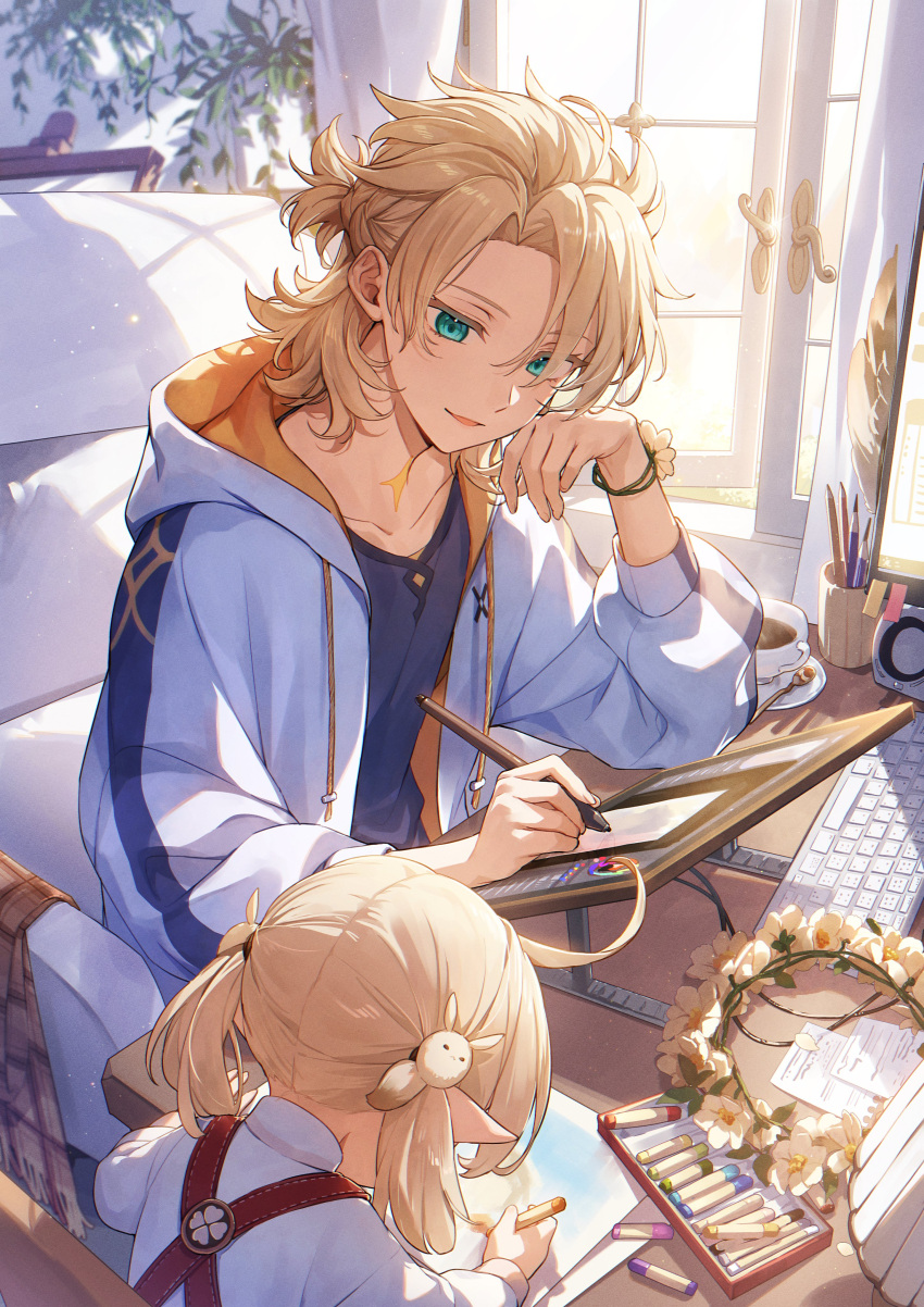1boy, 1girl, absurdres, albedo_(genshin_impact), aoiro_oto, aqua_eyes, blonde_hair, crayon