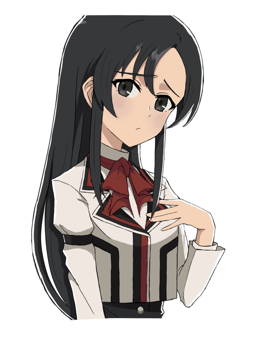 1girl, black_corset, black_eyes, black_hair, breasts, corset, cropped_torso, hair_between_eyes, hand_on_own_chest, highres, jacket, light_frown, long_bangs, long_hair, looking_at_viewer, mushoku_tensei, nanahoshi_shizuka, neckerchief, pinnyonn0375, ranoa_magic_academy_school_uniform, red_neckerchief, school_uniform, simple_background, small_breasts, solo, very_long_hair, white_background, white_jacket