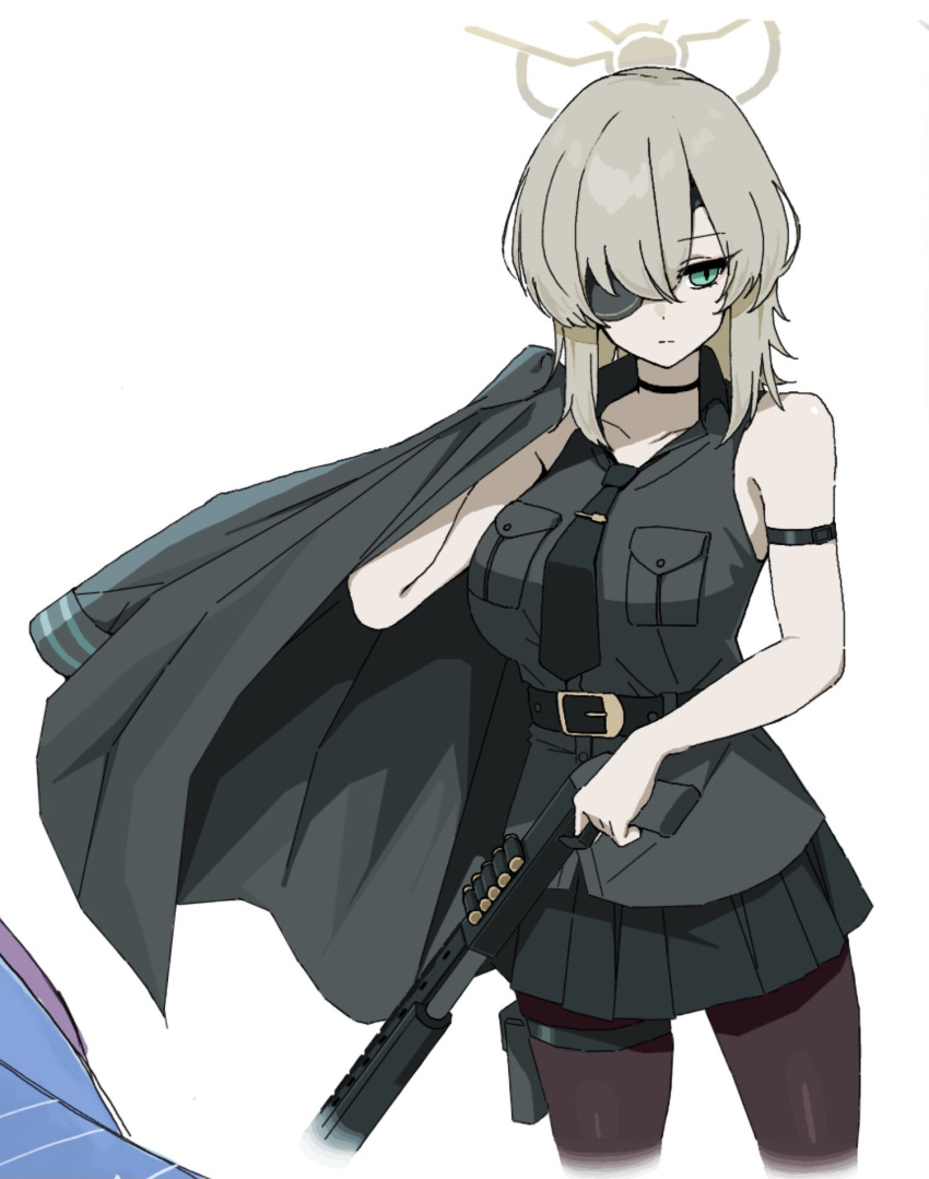 1girl, black_coat, black_hat, blue_archive, brown_halo, coat, eyepatch, greatcoat