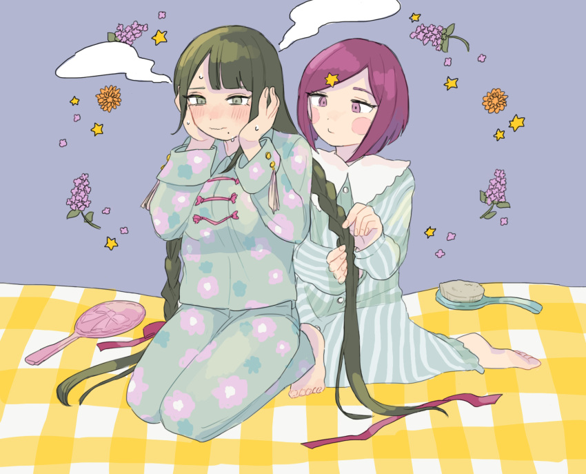 2girls, asami_(space_neko), barefoot, blush_stickers, braid, braiding_hair, brown_hair, chabashira_tenko