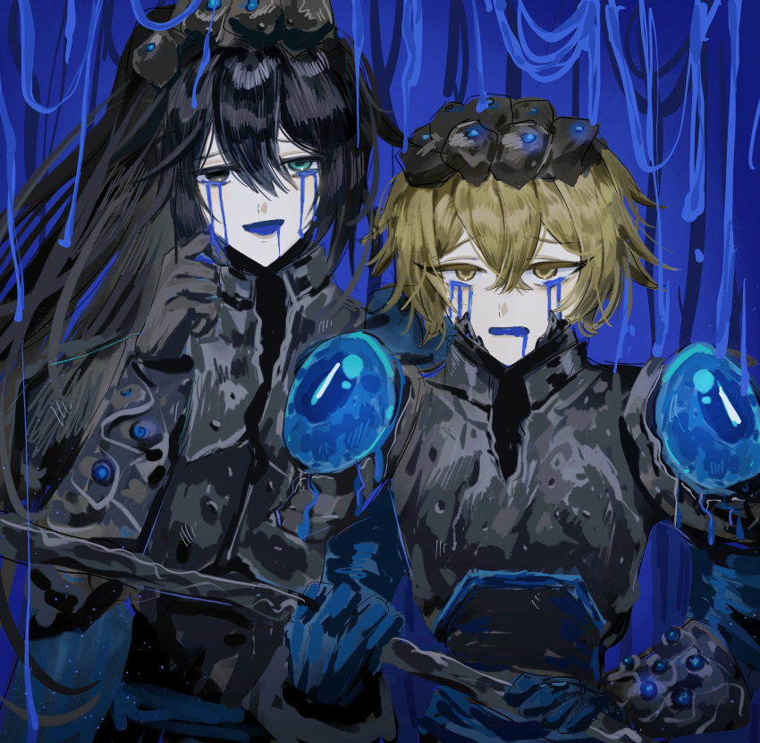 2boys, armor, black_armor, black_gloves, black_hair, blonde_hair, blubbering_toad_(project_moon), blue_gloves, blue_tongue, colored_tears, colored_tongue, crying, e.g.o_(project_moon), fanmaiji1101, gloves, high_ponytail, highres, holding, holding_weapon, hong_lu_(project_moon), limbus_company, long_hair, looking_at_viewer, multiple_boys, open_mouth, project_moon, sinclair_(project_moon), smile, very_long_hair, weapon, yellow_eyes