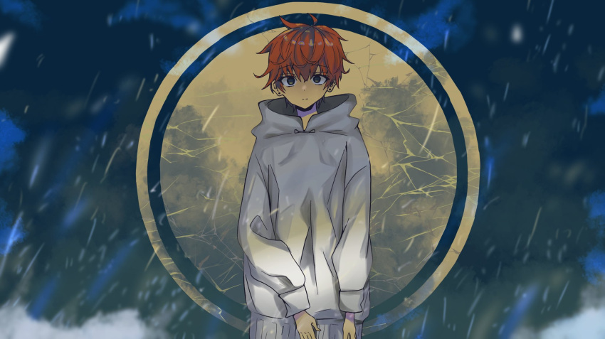 1boy, black_eyes, closed_mouth, cowboy_shot, crack, earrings, fragile_(vocaloid), grey_hoodie