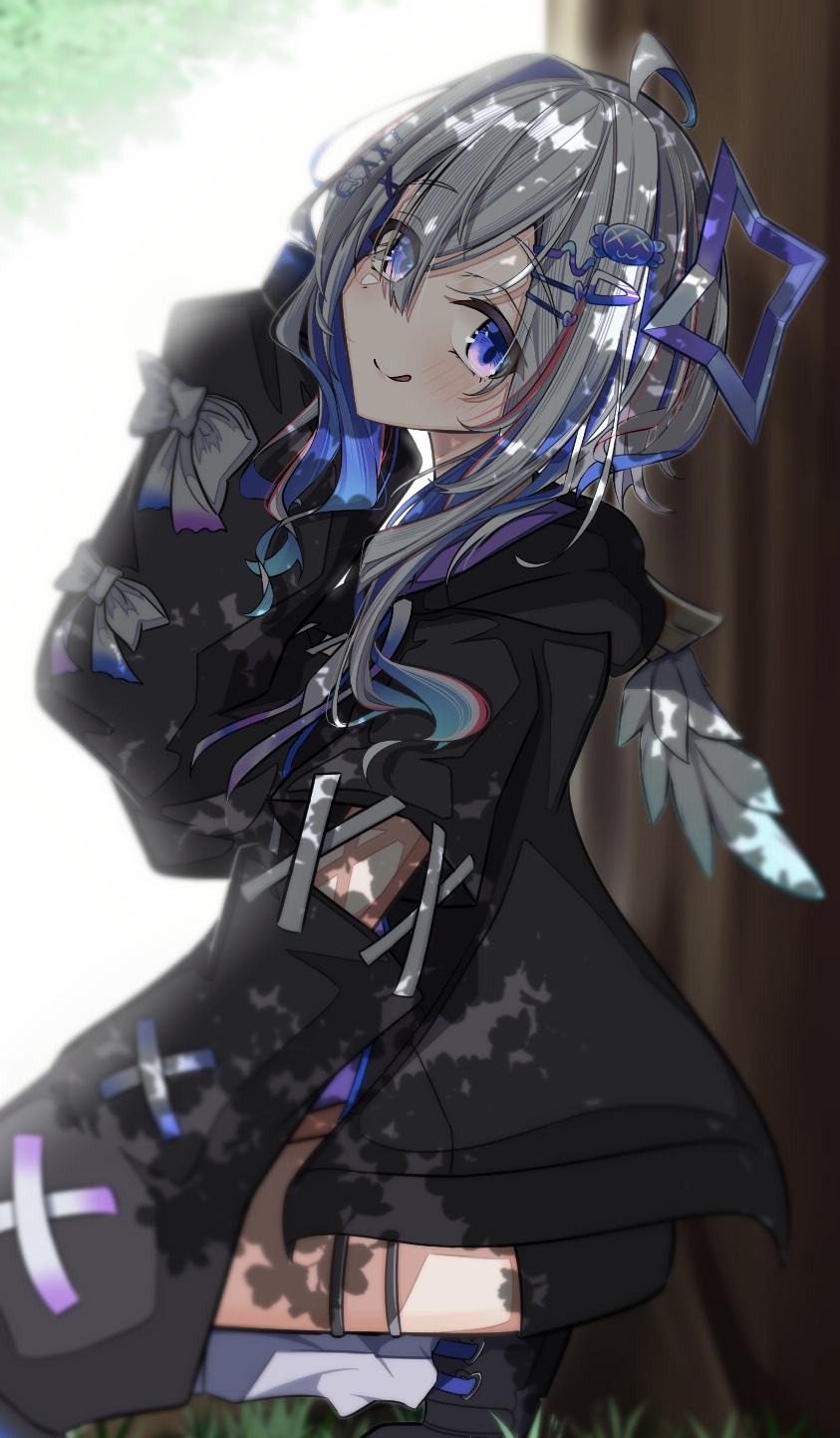 1girl, against_tree, amane_kanata, amane_kanata_(punk_rock), angel, angel_wings, arm_warmers, black_footwear