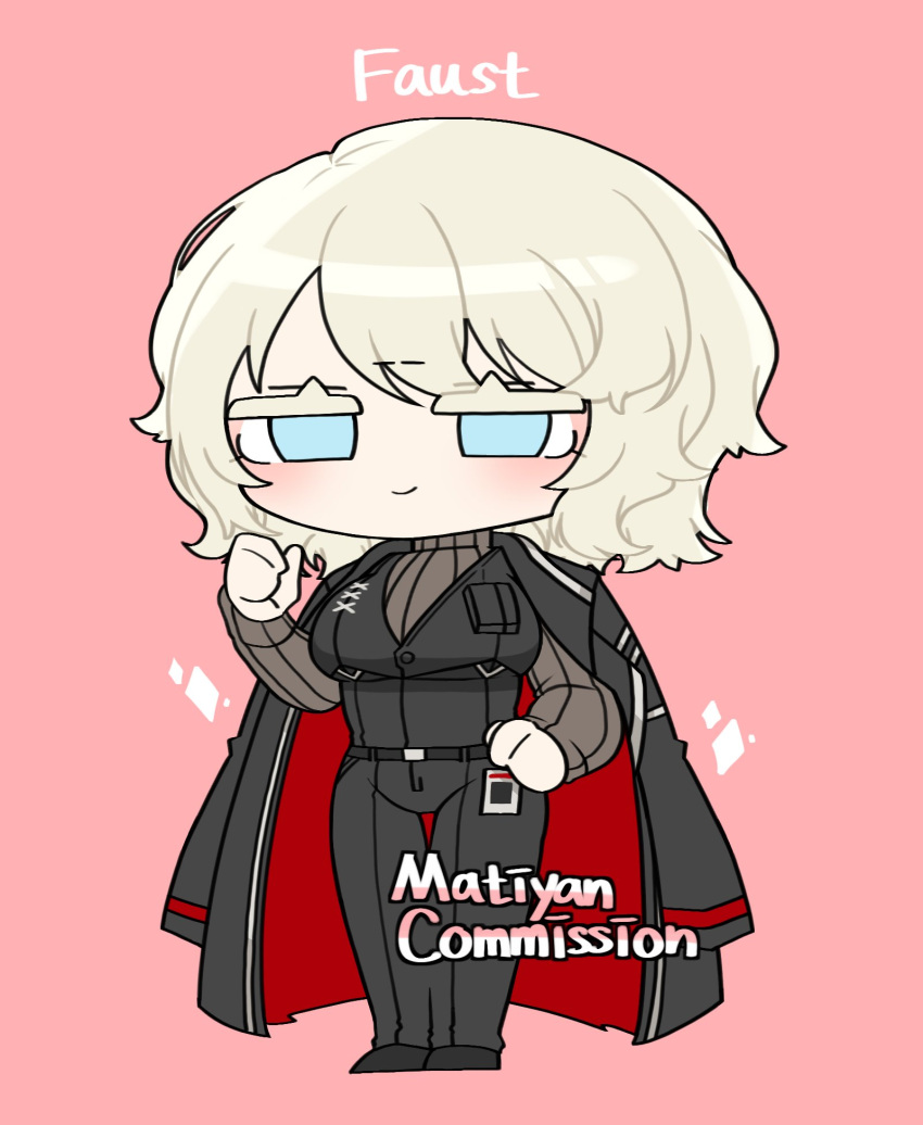 1girl, black_coat, black_pants, black_vest, blue_eyes, brown_sweater, chibi, closed_mouth