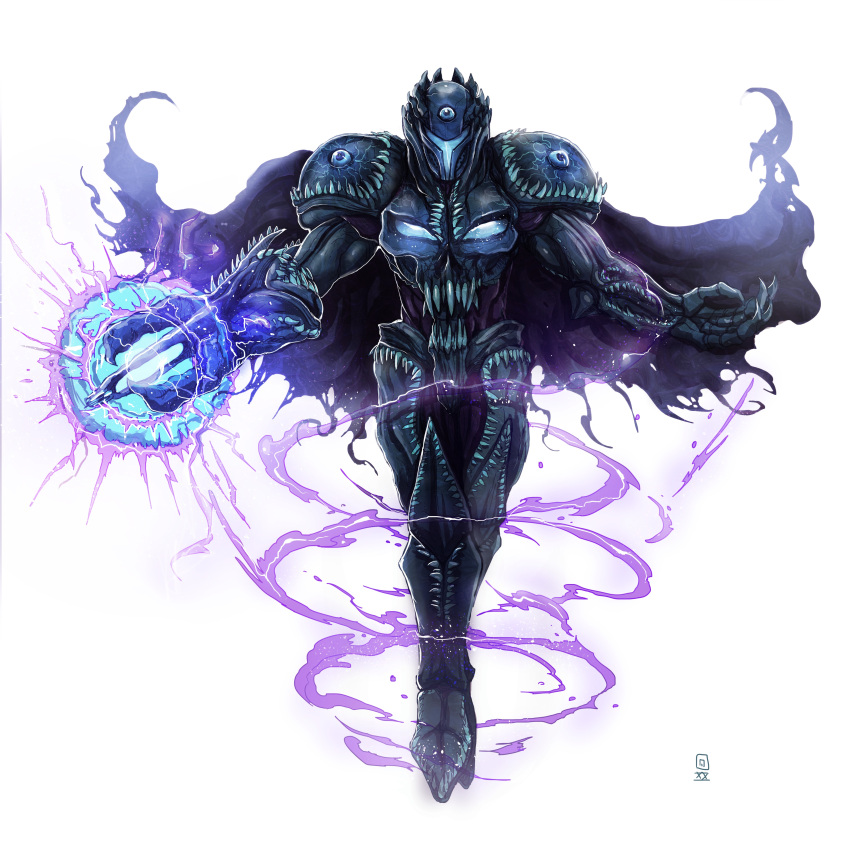 1boy, absurdres, arm_cannon, biomechanical, blue_eyes, blue_visor, cape, carapace