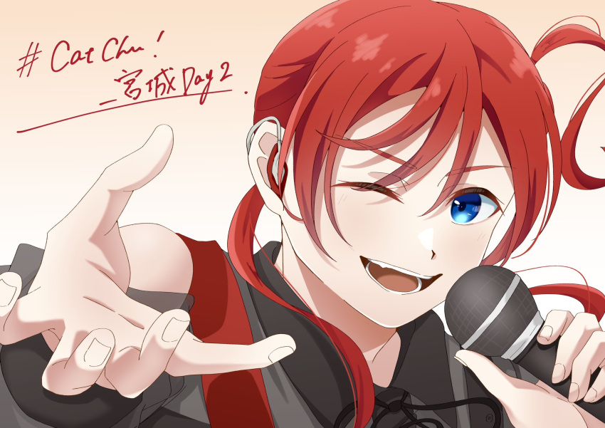 1girl, black_dress, black_ribbon, blue_eyes, collared_dress, commentary_request, distortion_(love_live!), dress, group_name, hair_between_eyes, headset, highres, holding, holding_microphone, looking_at_viewer, love_live!, love_live!_superstar!!, medium_hair, microphone, neck_ribbon, one_eye_closed, open_mouth, portrait, redhead, ribbon, sidelocks, solo, upper_body, w0090, yoneme_mei