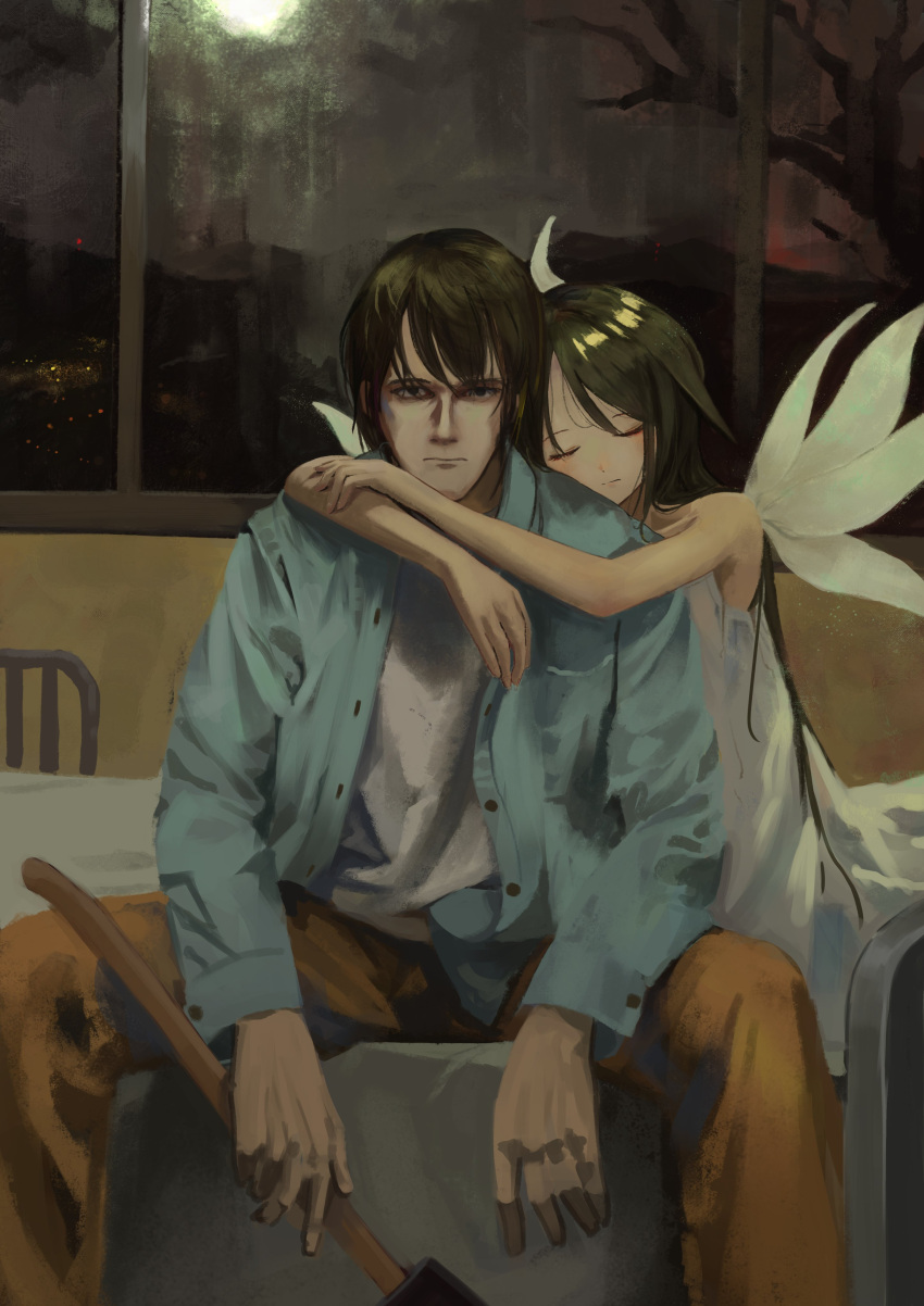 1boy, 1girl, absurdres, axe, bare_shoulders, black_hair, closed_eyes, closed_mouth, couple, dress, eliot_(eokaitekaite969), green_hair, hair_flaps, highres, holding, holding_axe, hug, long_hair, on_bed, sakisaka_fuminori, saya_(saya_no_uta), saya_no_uta, short_hair, sitting, sleeveless, sleeveless_dress, sundress, very_long_hair, white_dress, wings