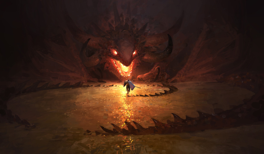 1other, ambiguous_gender, animal_focus, cape, chinese_commentary, claws, commentary_request, dragon, fantasy, giant, giant_monster, glowing, glowing_eyes, glowing_mouth, highres, holding, holding_shield, horns, knight, monster, multiple_horns, open_mouth, original, painterly, rangerwang, red_scales, scales, shield, size_difference, tail, walking, western_dragon, white_cape, wings