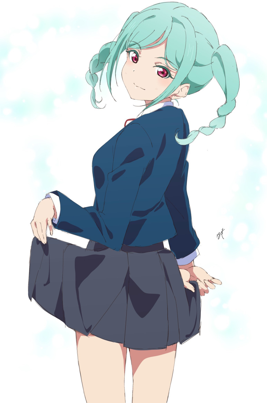 1girl, blue_jacket, breasts, closed_mouth, dress, from_behind, green_hair, grey_dress