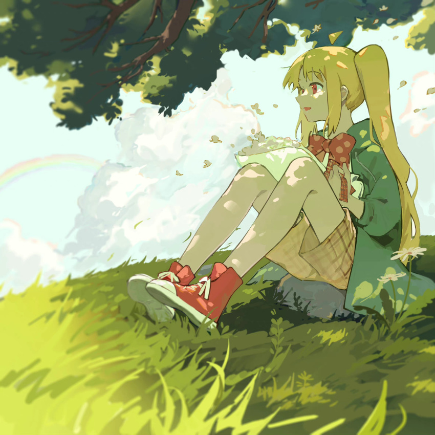 1girl, ahoge, blonde_hair, bocchi_the_rock!, bow, branch, clouds, day, flower, full_body, grass, green_jacket, highres, huang_ya_cai_rou_si_chao_niangao, ijichi_nijika, jacket, leaf, long_hair, long_sleeves, looking_to_the_side, outdoors, plaid, plaid_shorts, red_bow, red_eyes, shorts, side_ponytail, sidelocks, skirt, sky, solo